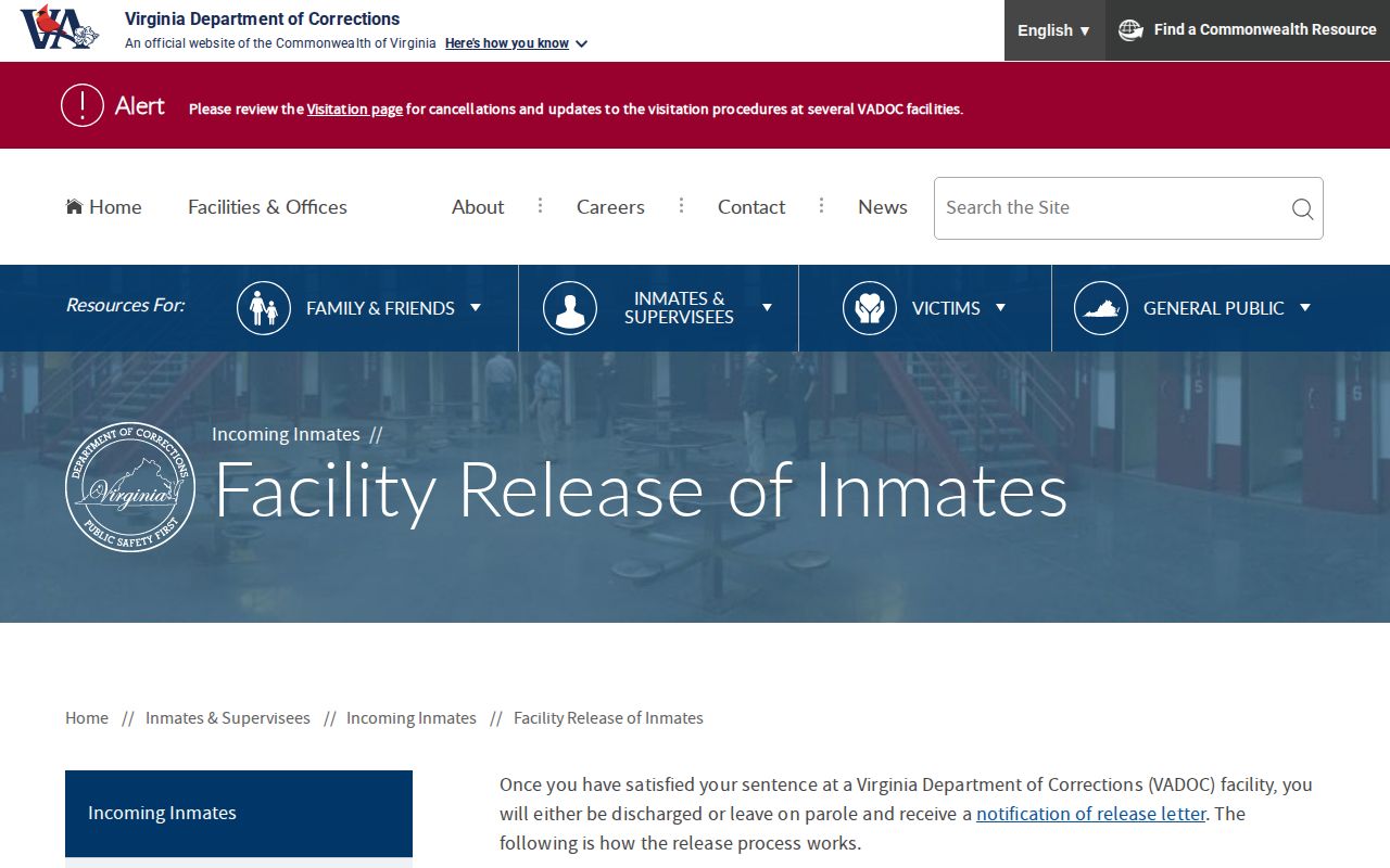 VADOC release documents for Central Virginia Correctional Unit No. 13