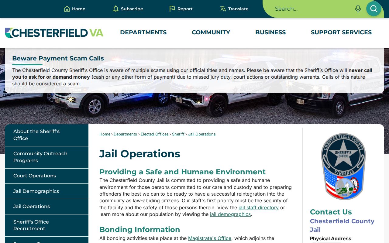 Chesterfield County Jail release gate and operations information