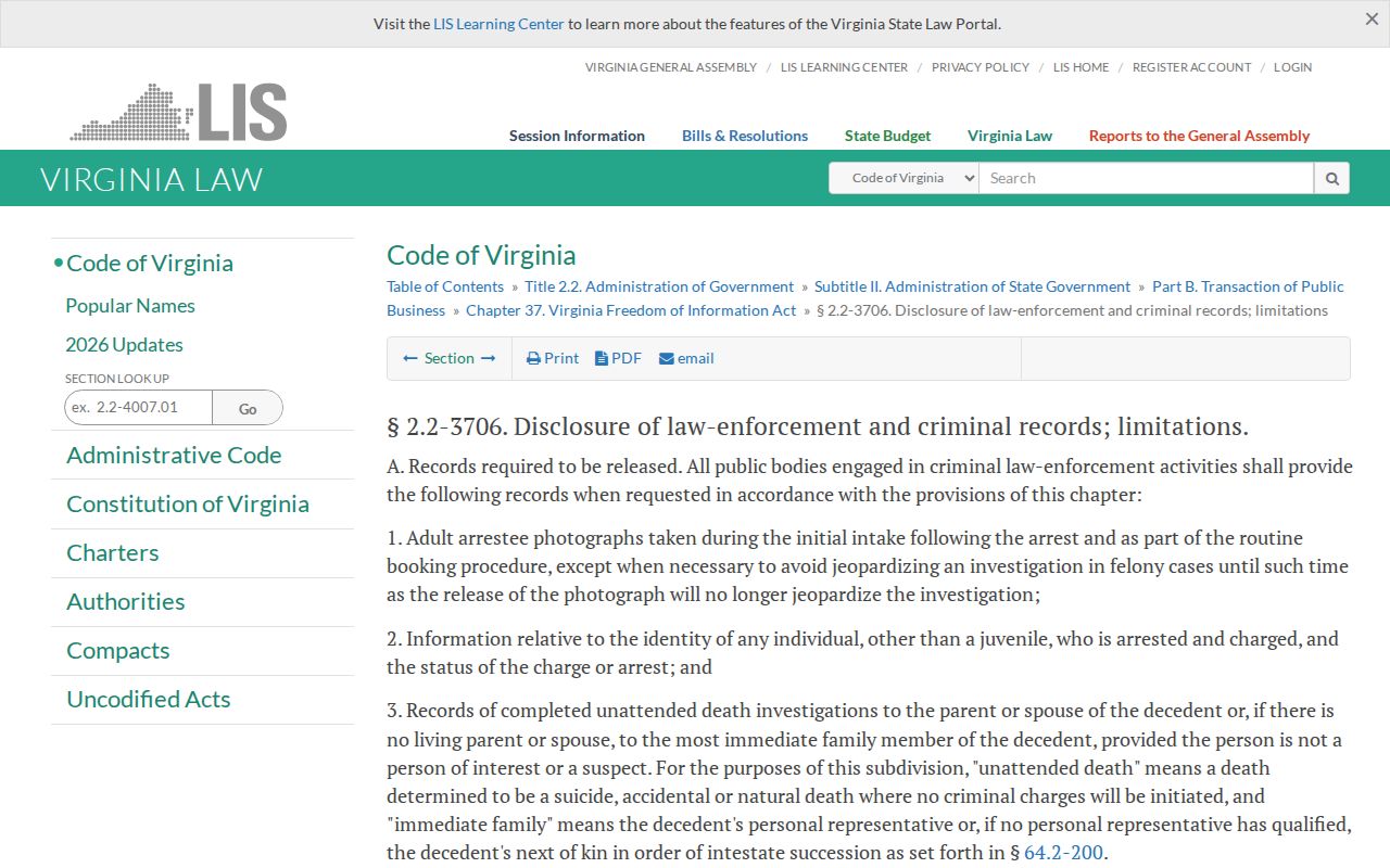 Virginia law for Chesterfield County released inmate mugshot requests