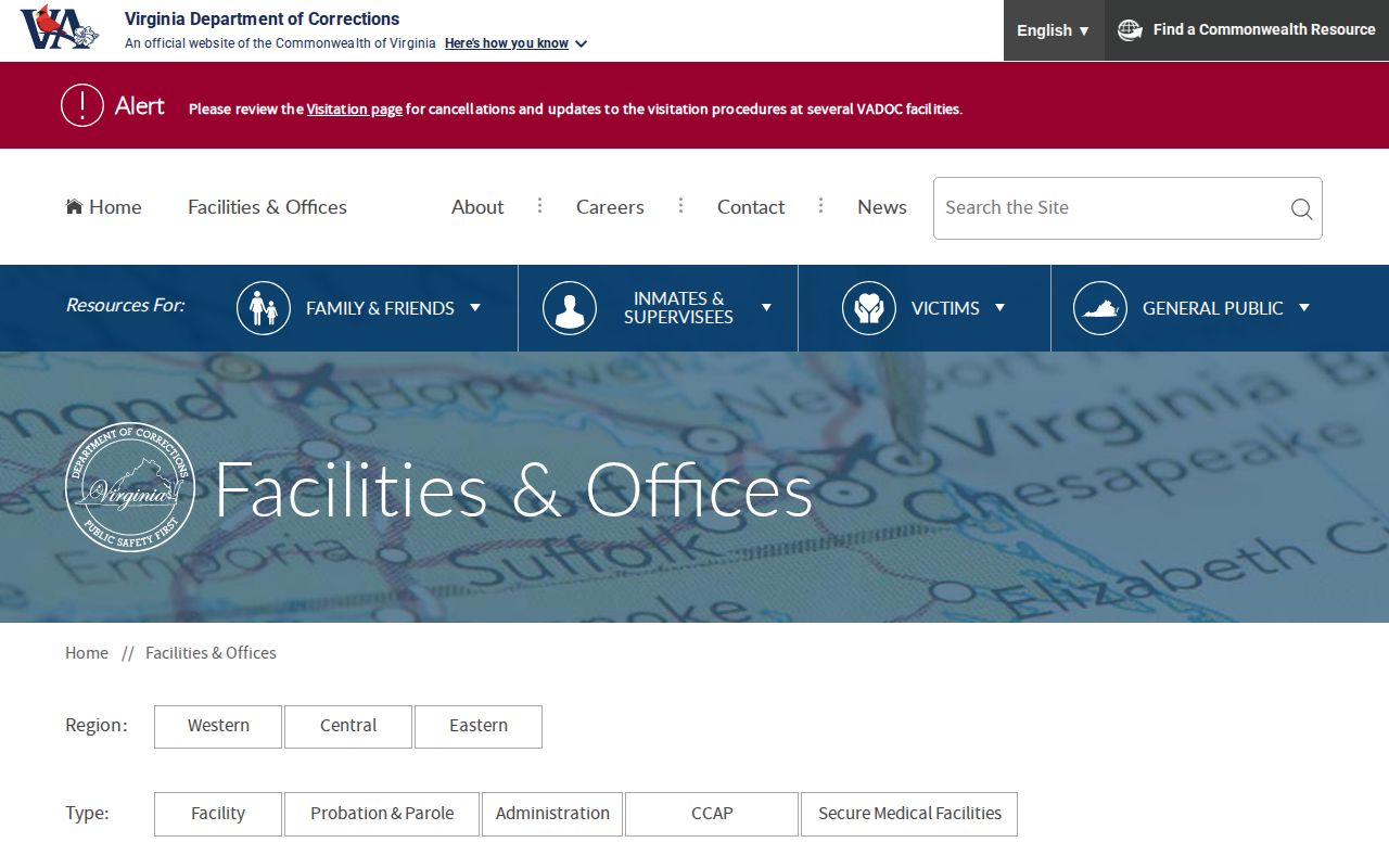 VADOC facilities listing for Central Virginia Correctional Unit No. 13 records