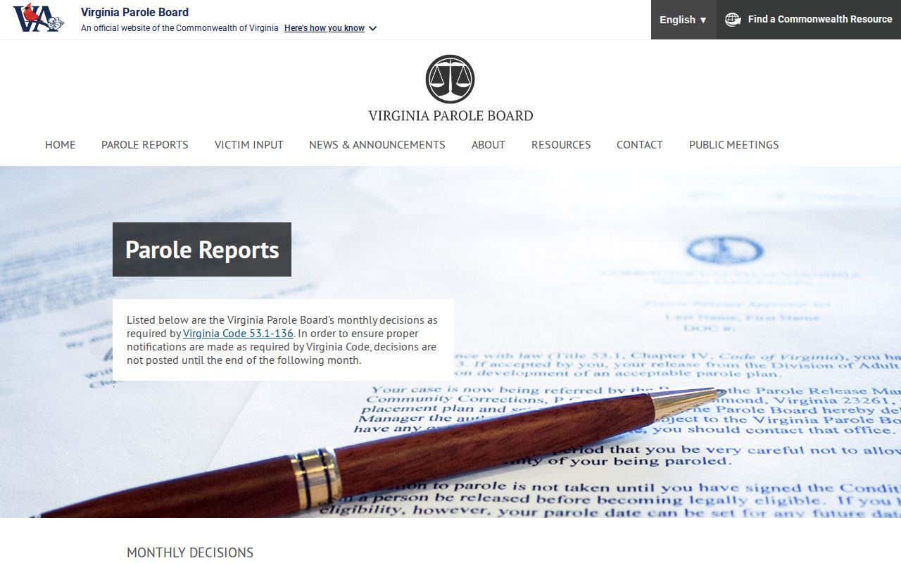 Virginia Parole Board reports for Chesterfield County parole verification