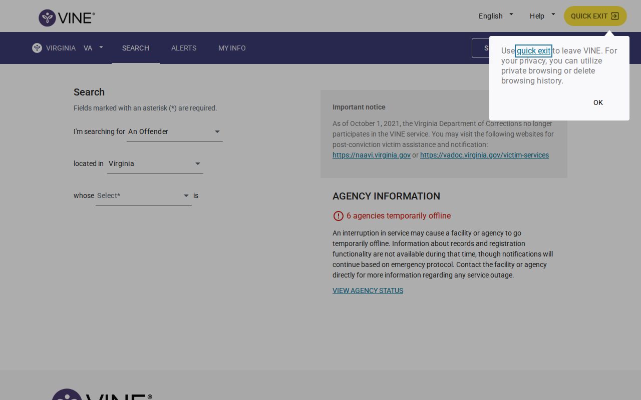 VINELink specific-person search for a Chesterfield County inmate check
